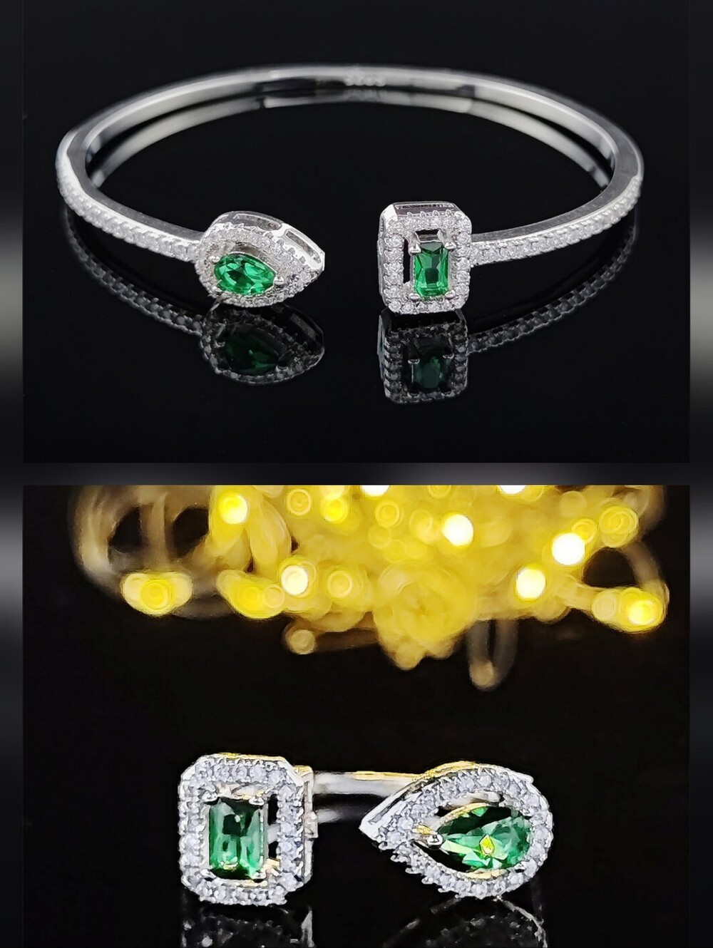 Elegant Emerald Open Cuff Bracelet & Adjustable Ring Set |Silver Tone CZ Jewelry - Picture 4 of 7